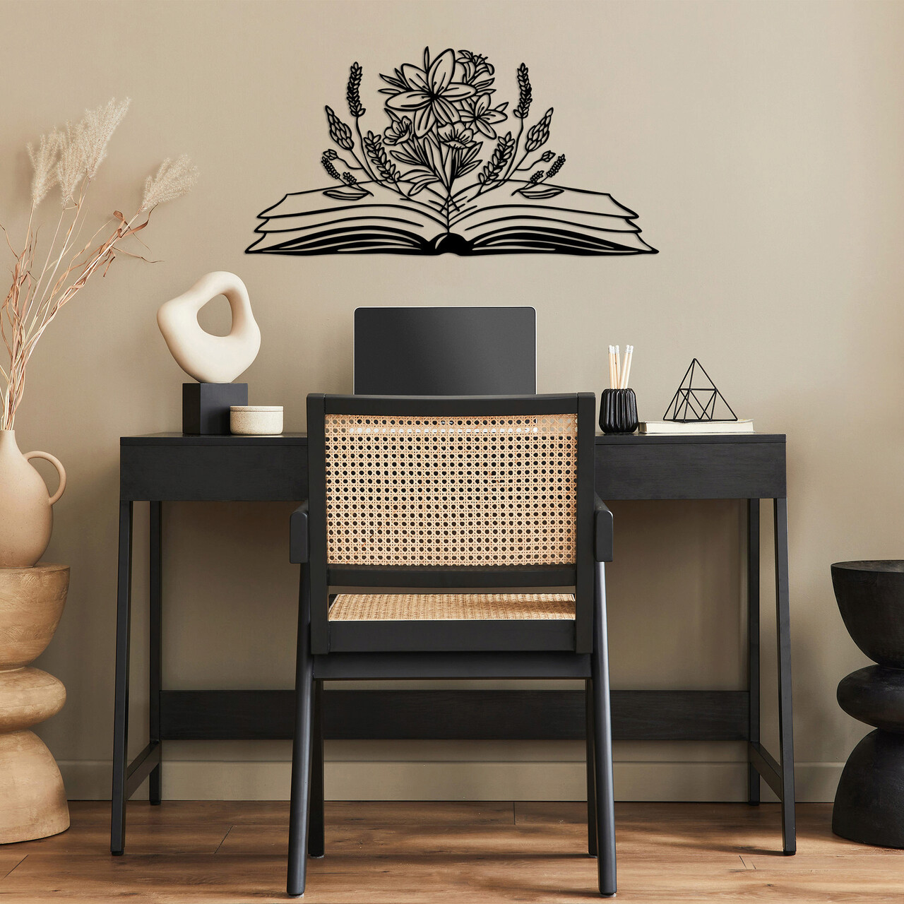Decoratiune de perete, Book And Flower, 70 x 35 cm, Negru - imagine 6